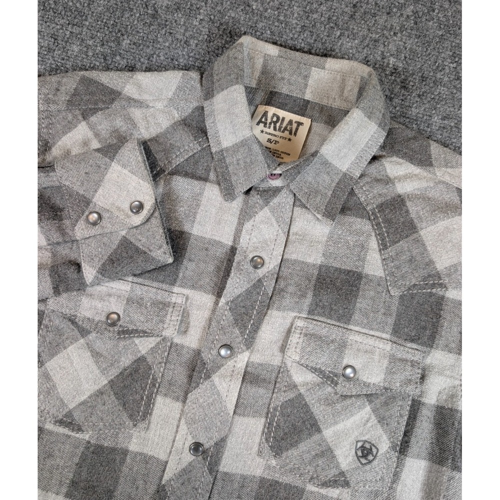 Ariat Shirt Men Medium Gray Plaid Retro‎ Fit Flannel Pearl Snap Western Cowboy